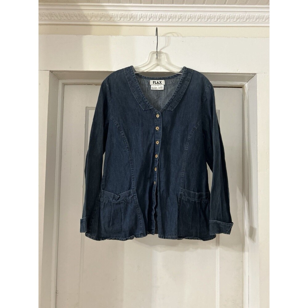 Flax Denim Coat Women Size Medium Button Down Pockets Lagenlook Cotton Dark Wash